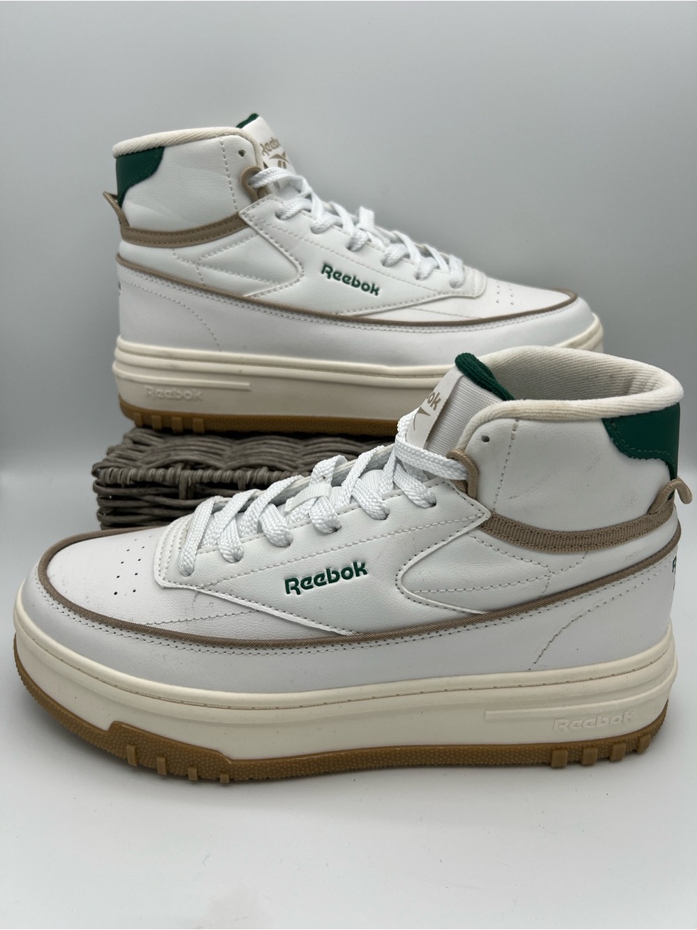 I Reebok Club C Geo Mid Platform Sneakers - White/Dark Green - Women's Size 8